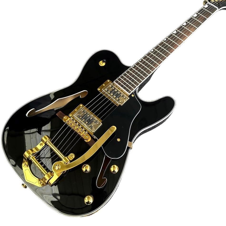 Custom Black TELE Electric Guitar with F-hole and Gold Vibrato